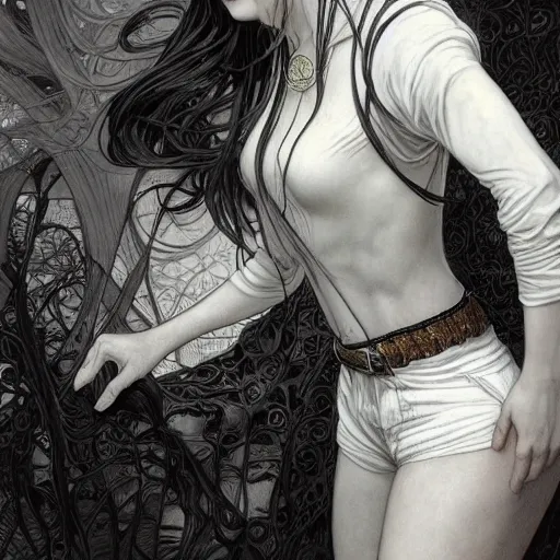 Image similar to A young woman with black and white colored long hair and bangs in shorts and white shirt drawn by Donato Giancola Adam Hughes and Jon Foster, frank frazetta, alphonse mucha, background by James Jean and gustav klimt, 4k, volumetric lighting, french nouveau, trending on artstation, octane render, hyperrealistic