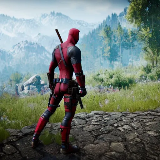 Image similar to Deadpool in Witcher 3 4K quality