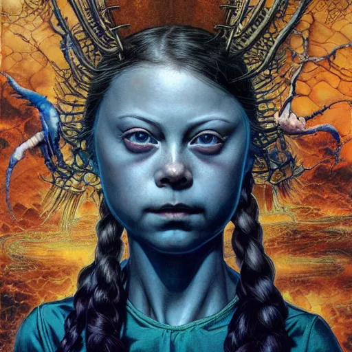 Prompt: realistic detailed image of enemy of humanity greta thunberg by ayami kojima, amano, karol bak, greg hildebrandt, and mark brooks, neo - gothic, gothic, rich deep colors. beksinski painting, part by adrian ghenie and gerhard richter. art by takato yamamoto. masterpiece