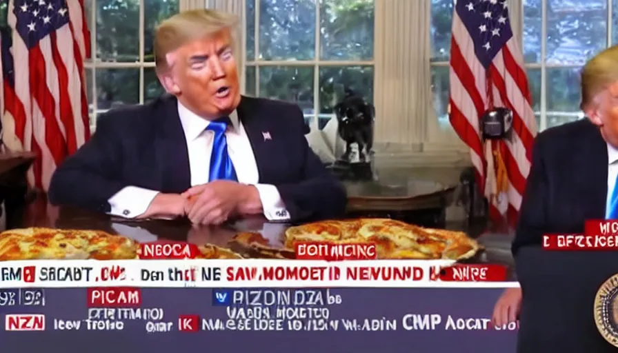 Image similar to cnn news footage taken. trump is making a piza.
