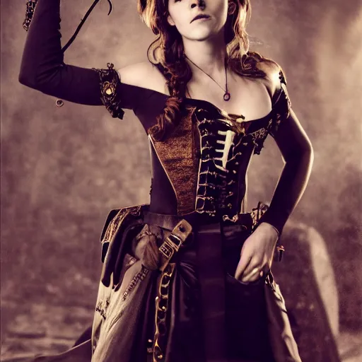 Image similar to emma watson, steampunk style, studio portrait photo, 50mm lens