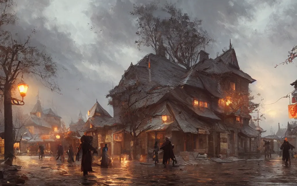 Image similar to slavic village, sharp focus, wide shot, trending on artstation, masterpiece, by greg rutkowski, by ross tran, by fenghua zhong, octane, soft render, oil on canvas, colorful, cinematic, environmental concept art