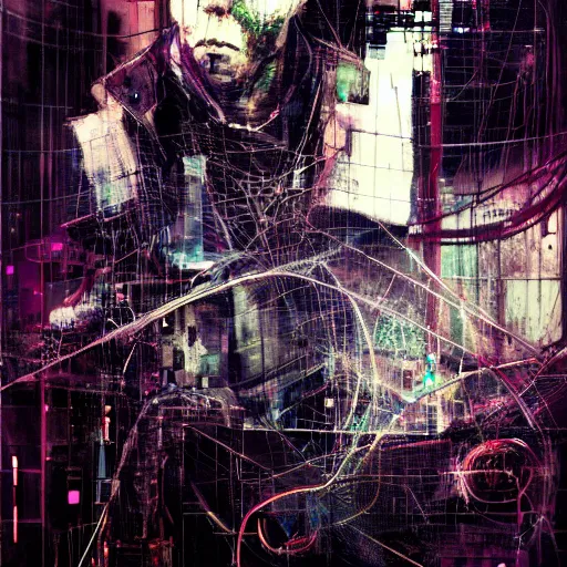 Image similar to cyberpunk lost in a glitchcore world of wires, and machines, by jeremy mann, francis bacon and agnes cecile, and dave mckean ink drips, paint smears, digital glitches glitchart