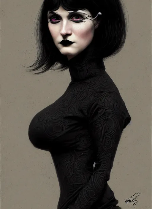 Prompt: portrait of an awkward woman with a crooked nose and a confident expression, 1 9 6 0 s, black clothes, goth, punk, funk, intricate, elegant, highly detailed, digital painting, artstation, concept art, smooth, sharp focus, illustration, art by wlop, mars ravelo and greg rutkowski