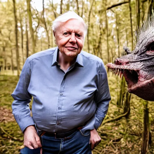 Prompt: David Attenborough with a terrifying creature, Canon EOS R3, f/1.4, ISO 200, 1/160s, 8K, RAW, unedited, symmetrical balance, in-frame