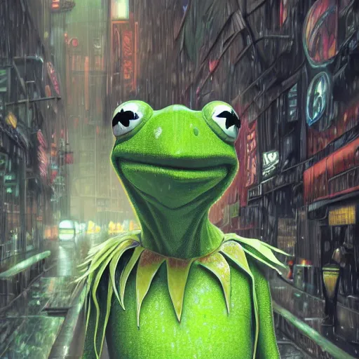 Prompt: highly detailed close up portrait of kermit the frog ((kermit the frog)) in the rainy streets of a cyberpunk dystopia, by Artgerm,Greg Rutkowski,Alphonse Mucha, 4k resolution, nier:automata inspired, bravely default inspired ((dystopian cyberpunk background))