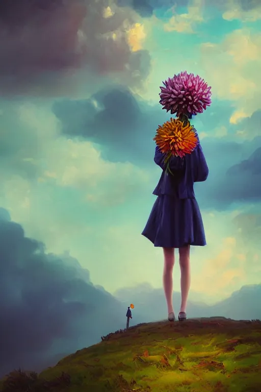 Prompt: closeup girl with giant dahlia flower head, standing on mountain, surreal photography, blue storm clouds, dramatic light, impressionist painting, digital painting, artstation, simon stalenhag