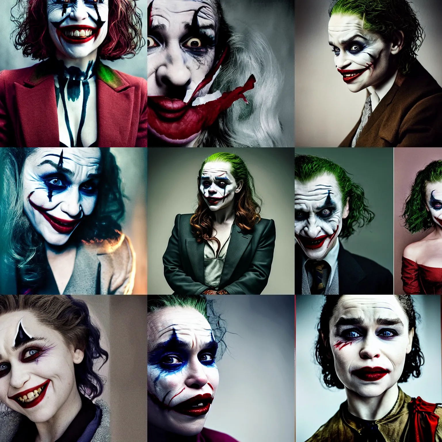 Prompt: candid portrait photograph of emilia clarke as the joker, photo by annie leibowitz and steve mccurry