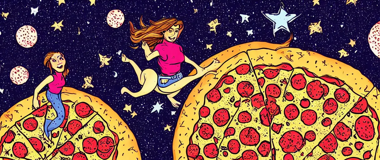 Prompt: a hore riding across the stars on a big pizza, comic style, colorful, 4 k, high details