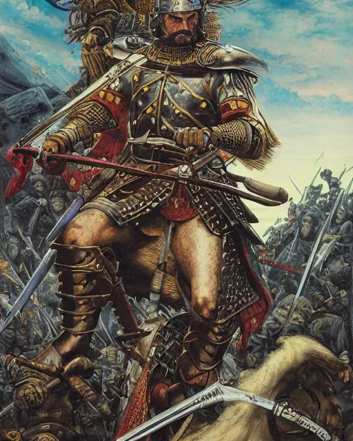 Image similar to portrait of a spanish conquistador in battle, by daniel zrom, masamune shirow, josan gonzales and dan mumford, ayami kojima, takato yamamoto, barclay shaw, karol bak, yukito kishiro