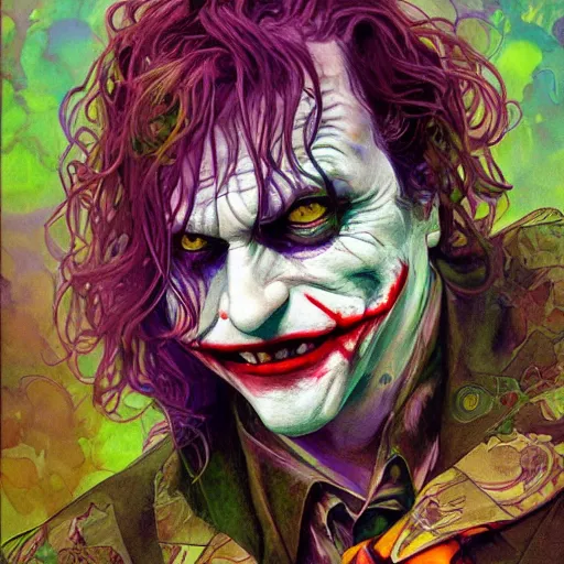 Image similar to the joker mad with laughter, epic scene dreaming acid - fueled hallucinations, psychedelic high detail, digital art, illustration, realistic award, disney concept art watercolor illustration by mandy jurgens and alphonse mucha and alena aenami