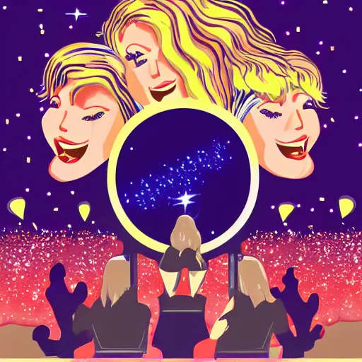 Image similar to illustration of a pop rock music group named'shiny souls'with two woman singers with blonde hair and one woman singer with brown curly hair singing in front of the crowd in a stadium, firework in background, aerial view, digital art