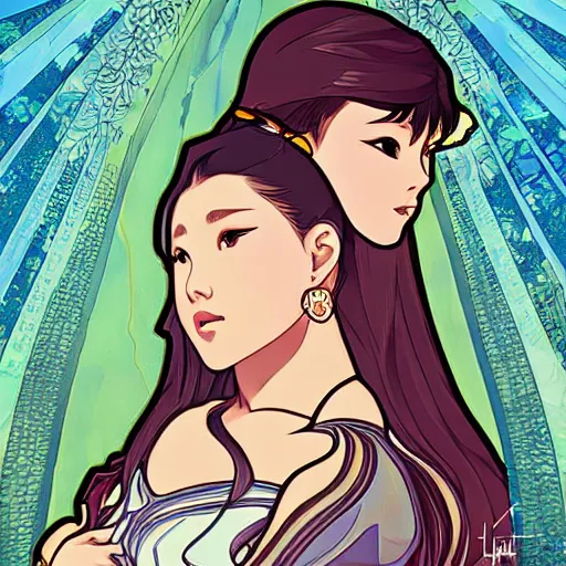 Image similar to hwasa hwasa hwasa in the style of artgerm and alphonse mucha. studio ghibli