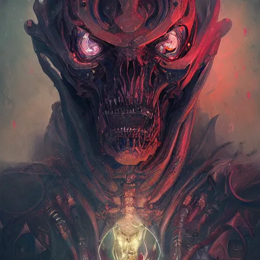 Image similar to portrait of a demonic cybernetic duke of hell, cyberpunk concept art by pete mohrbacher and seb mckinnon and beksinski and josan gonzales, digital art, highly detailed, intricate, sci-fi, sharp focus, Trending on Artstation HQ, deviantart, unreal engine 5, 4K UHD image