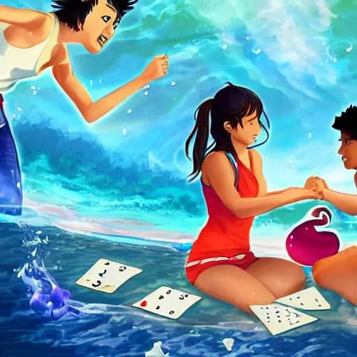 Prompt: aoi asahina and percy jackson playing go fish under the ocean, beautiful digital art