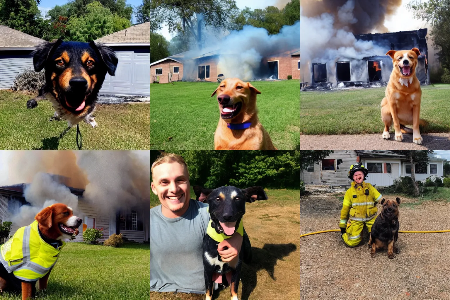 Prompt: Dog big smile because his house is burning, huge fire