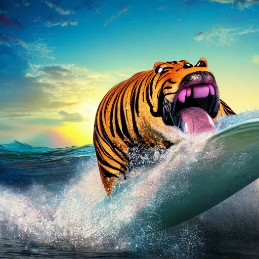 Prompt: a closeup photorealistic photograph of a happy cute tiger hippopotamus riding a large wave during sunset. surf in the background. professional capture. brightly lit scene. this 4 k hd image is trending on artstation, featured on behance, well - rendered, extra crisp, features intricate detail, epic composition and the style of unreal engine.