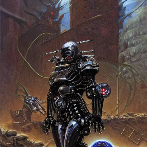 Prompt: cybernetic cyborg warrior, wretched dog, by Gerald Brom Ted Nasmith
