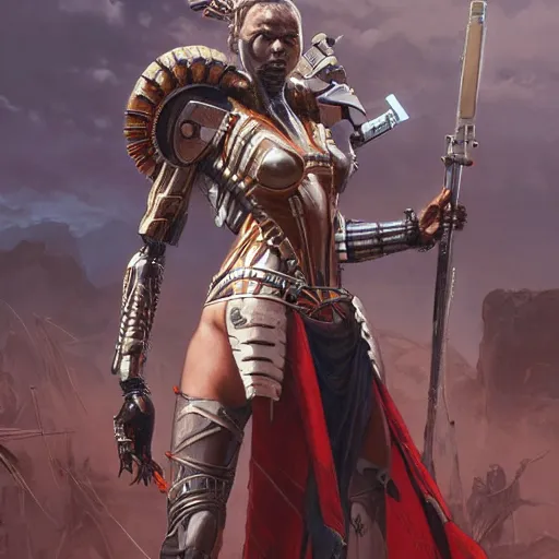 Image similar to a cyborg version of a maasai warrior carrying a futuristic spear and shield ultra realistic, concept art, intricate details, eerie, horror, highly detailed, photorealistic, octane render, 8 k, unreal engine. art by artgerm and greg rutkowski and alphonse mucha