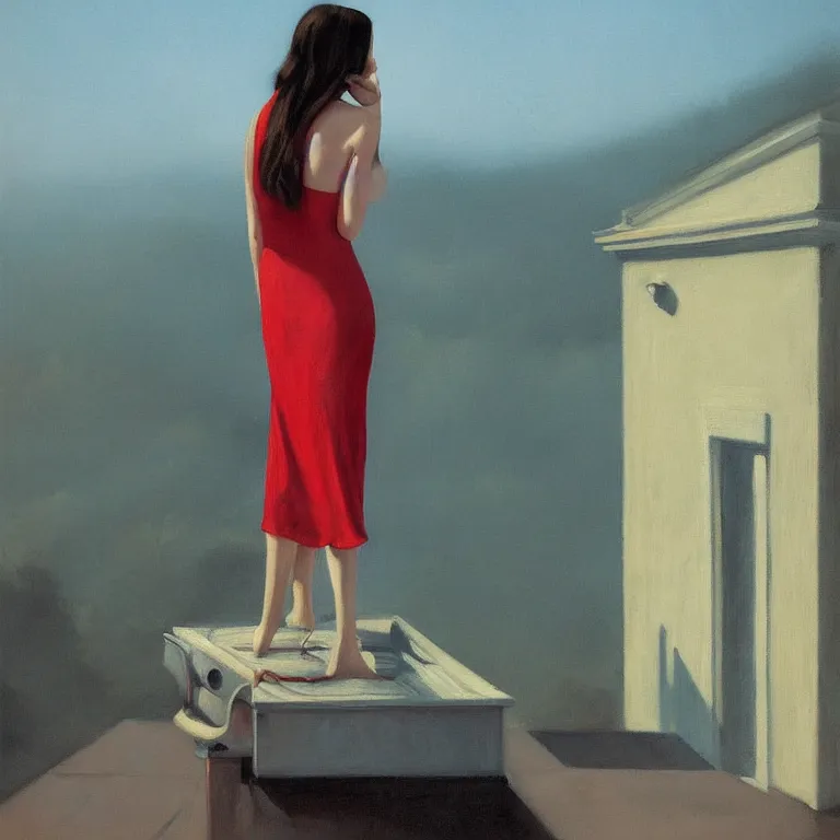 Image similar to portrait of Eva Green on a roof, fog, early morning, , painted by Edward Hopper, painted by Wayne Barlow, airbrush