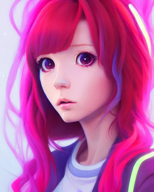 Image similar to portrait Anime space cadet girl Anna Lee Fisher anime cute-fine-face, pretty face, realistic shaded Perfect face, fine details. Anime. realistic shaded lighting by Ilya Kuvshinov Giuseppe Dangelico Pino and Michael Garmash and Rob Rey, IAMAG premiere, aaaa achievement collection, elegant freckles, pink hair, neon hologram, fabulous, daily deviation, annual award winner