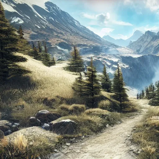 Image similar to high alpine landscape with windy road, unreal engine, high quality digital art, dramatic lighting, photo realism