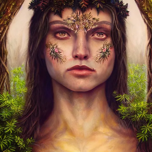 Prompt: dream oil painting portrait of fantasy female warrior, symmetrical face, beautiful face, shining eyes, crystals, covered in plants, standing in the mystical forest, realistic oil painting, baroque, renaissance painting, dramatic, cinematic light, trending on artstation, rule of thirds, highly detailed