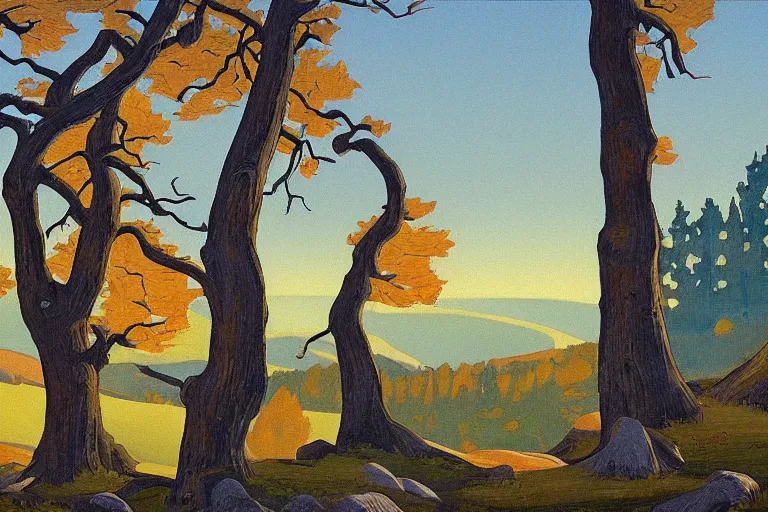 Prompt: masterpiece painting of oak trees along the ridge at dawn, by a. j. casson and john watkiss and edward okun and dan munford and kelly freas and lawren harris