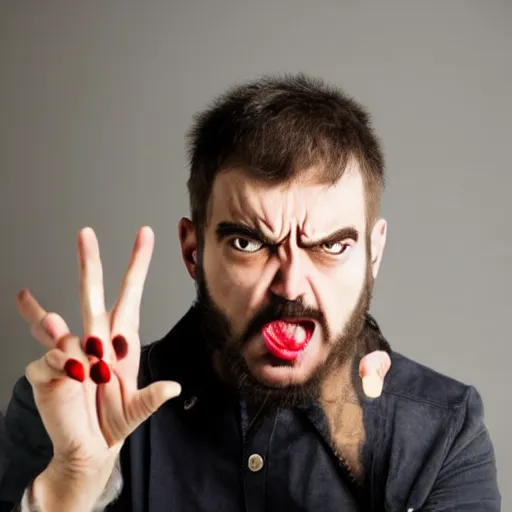 Image similar to a man with an evil expression giving a middle finger