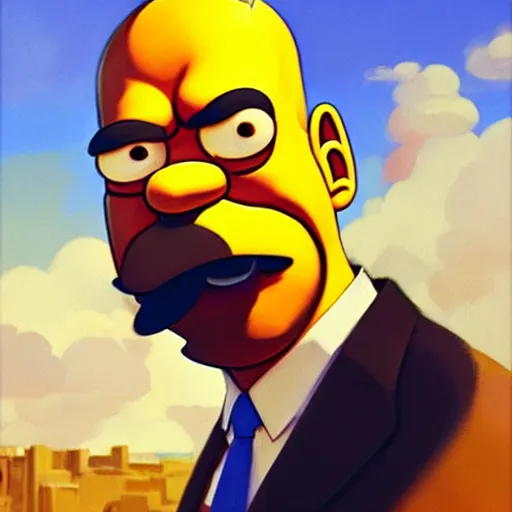 Image similar to Greg Manchess portrait painting of Homer Simpson as Overwatch character, medium shot, asymmetrical, profile picture, Organic Painting, sunny day, Matte Painting, bold shapes, hard edges, street art, trending on artstation, by Huang Guangjian and Gil Elvgren and Sachin Teng