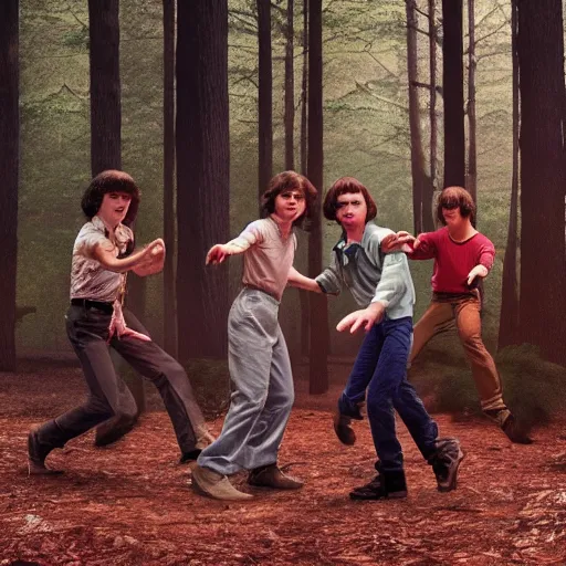 Image similar to Stranger Things cast dancing in a forest, 8k UHD, high quality, studio photo,