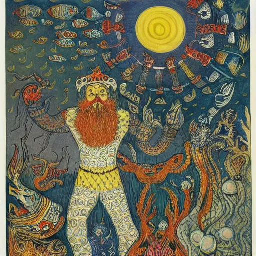 Prompt: lines by louis wain. a experimental art of a mythological scene. large, bearded man seated on a throne, surrounded by sea creatures. he has a trident in one hand & a shield in the other. behind him is a large fish. in front of him are two smaller creatures.