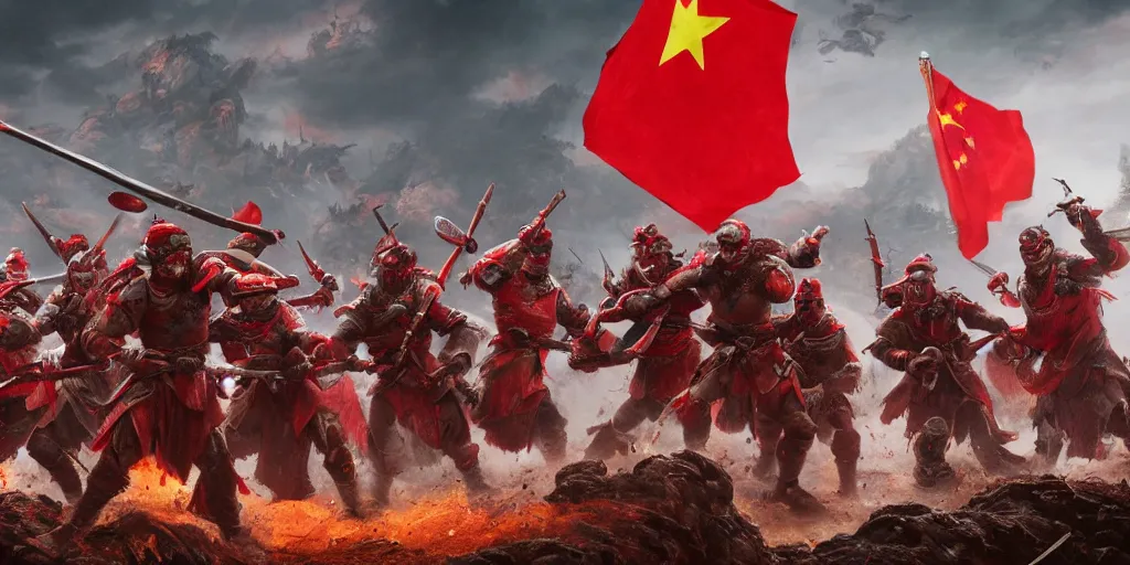 Image similar to mid shot cinematic artwork of a small group of rag tag warriors surrounded by an ancient Chinese army wearing red armor and holding red flags on the battlefield by greg rutowski, masterpiece, 4k