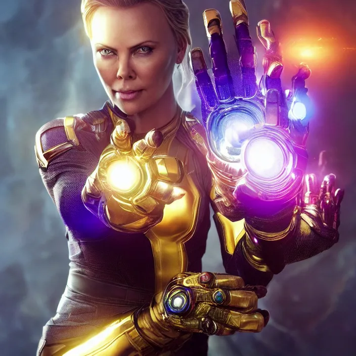 Prompt: The Infinity Gauntlet. Charlize Theron, intricate artwork. octane render, trending on artstation, very coherent symmetrical artwork. avengers. thanos. cinematic, hyper realism, high detail, octane render, 8k, iridescent accents