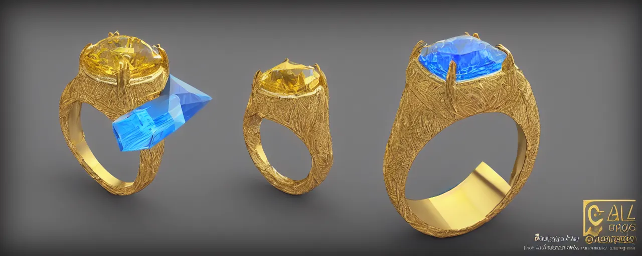 Image similar to simple golden magic crystal ring, ice, blue, gold, smooth, crystal, engravings, diamonds, product design, jewelry, colorful, art by gerald brom, greg rutkowski and artgerm, photo realism, unreal engine, c 4 d