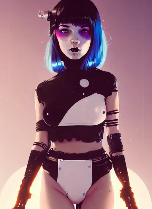 Image similar to portrait of cute goth girl in cyber bikini armor, face by ilya kuvshinov, warhammer, cyberpunk, by atey ghailan, by greg rutkowski, by greg tocchini, by james gilleard, by joe fenton, by kaethe butcher, dynamic lighting, gradient light blue, brown, blonde cream and white color in scheme, grunge aesthetic