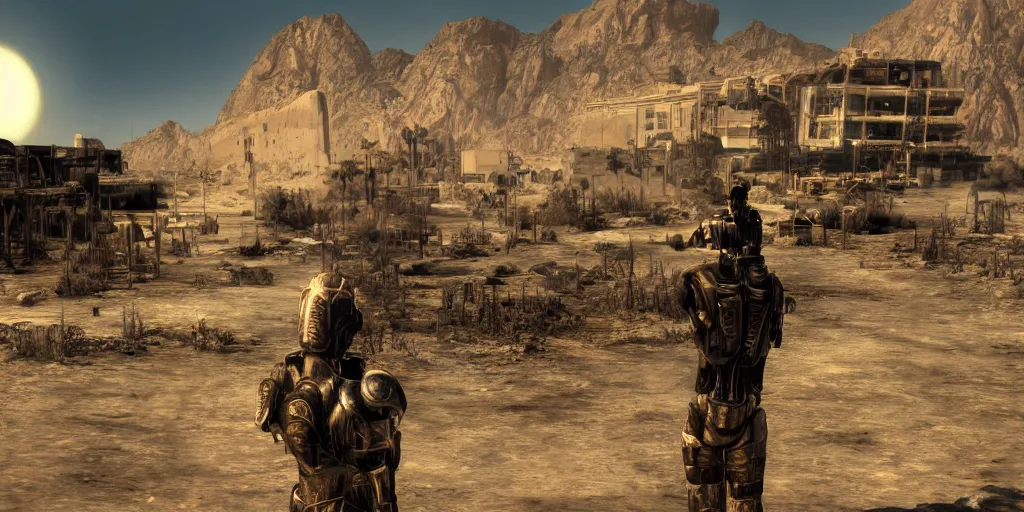 Prompt: a photo of a place where the desert meets the ocean, a ruined city in view, a sole survivor looks into the camera, fallout new vegas, mass effect, no man's sky, tarot card, mystical, concept art, art station