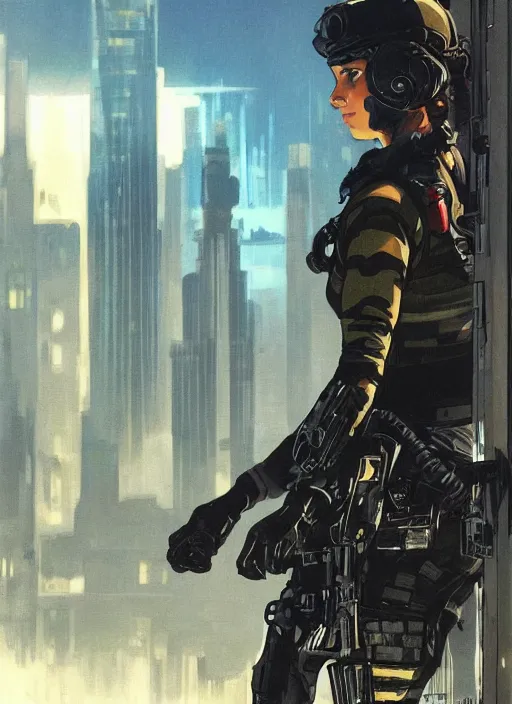 Prompt: Maria. USN female special forces operator looking at city skyline. Agent wearing Futuristic stealth suit. rb6s Concept art by James Gurney, Alphonso Mucha.