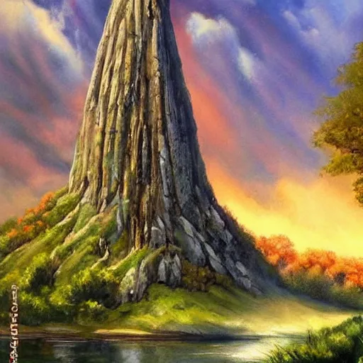 Image similar to painting lord of the rings idyllic landscape, forrest, tower