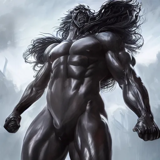 Image similar to splash art of a huge muscular black - coated anthropomorphic horse character with long white hair wearing tactical kevlar fabric, exaggerated muscle physique, highly detailed, furry, furaffinity, digital painting, artstation, sharp focus, illustration, weta digital, art by artgerm, greg rutkowski, alphonse mucha