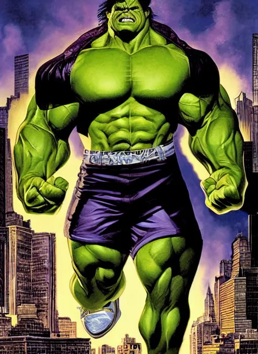 Image similar to a portrait of the incredible hulk looking angry in new york city by joe jusko, simone bianchi and alex ross dramatic lighting.