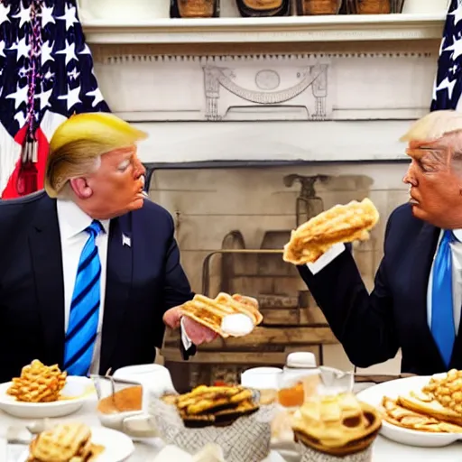 Image similar to trump and Biden sitting and eating breakfast at a Wafflehouse