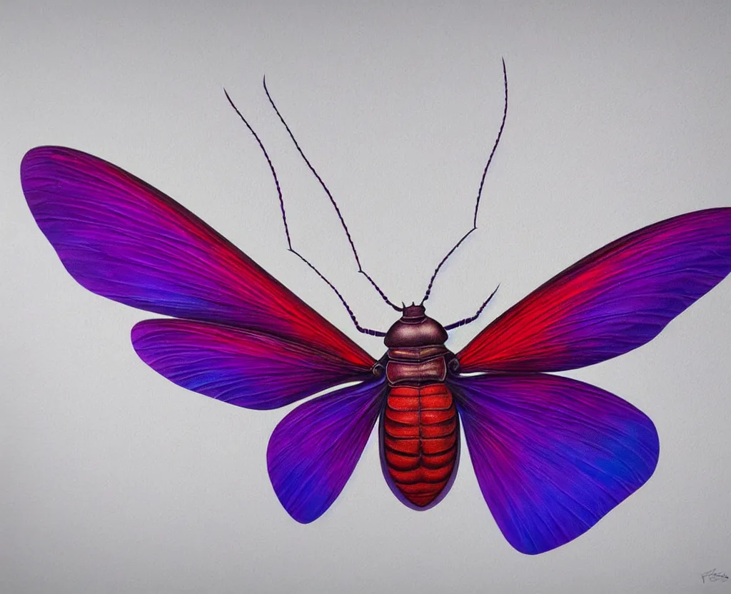 Prompt: beautiful matte airbrush of a fantasy bug insect wing on a white background, inspired by 8 0's airbrush illustrations, purple red and blue color palette, art by pater sato