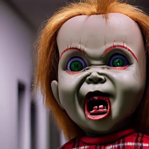 Image similar to chucky the killer doll standing in a dimly lit hospital