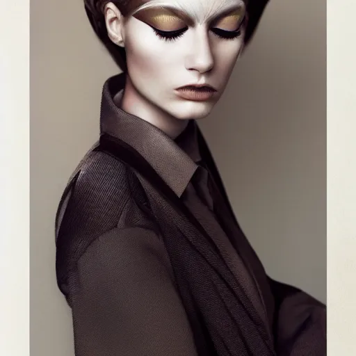 Prompt: a muted colors natural make-up portrait photograph, editorial story, Vouge Italy, editorial photographer by Peter Gehrke