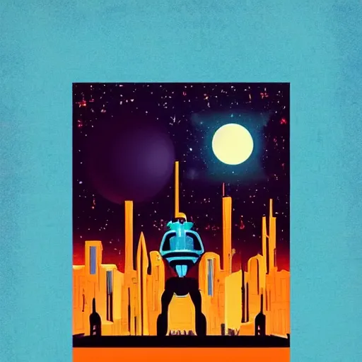 Image similar to “simple 1950s art deco style robot silhouette facing a futuristic city, planets and stars in the background, dramatic lighting, glowing highlights, blue palette, artist ruth ray and Isaac Asimov, retro poster”