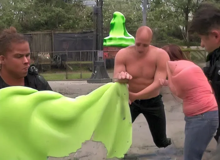 Prompt: the episode of COPS where everyone gets covered with nickelodeon slime hd