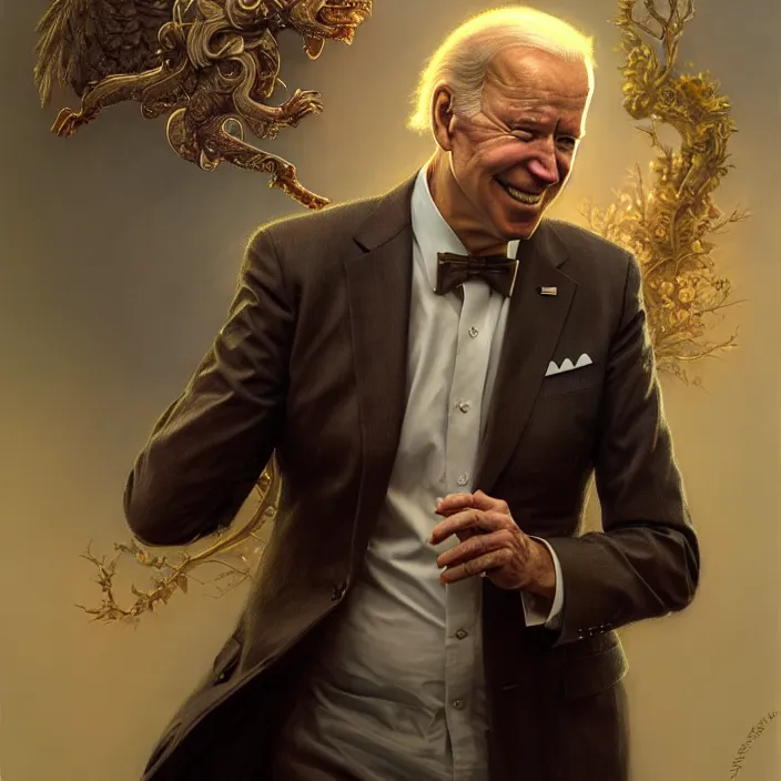 Image similar to President Joe Biden, diffuse lighting, fantasy, intricate, elegant, highly detailed, lifelike, photorealistic, digital painting, artstation, illustration, concept art, smooth, sharp focus, art by John Collier and Albert Aublet and Krenz Cushart and Artem Demura and Alphonse Mucha