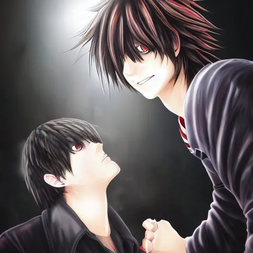 Image similar to L·Lawliet kissing Light Yagami,Official character illustration,Popular on Pixiv,Death Note,fantasy cherry blossom background