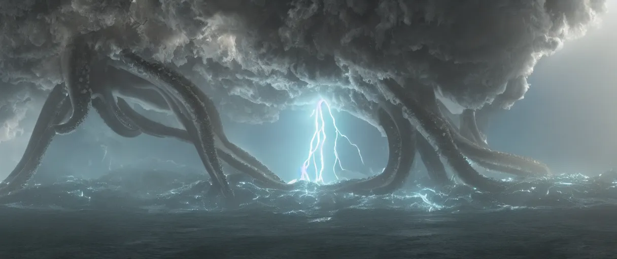 Prompt: a giant octopus god floating over a rain forest, lightning and sun rays, ambient light, a volcano erupts, still from the movie the arrival, 8k